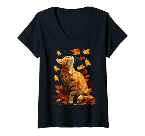 Damen Bunte Getigerte Katze mit Herbstlaub Wald Herbst ästhetisch T-Shirt mit V-Ausschnitt Damen Bunte Getigerte Katze mit Herbstlaub Wald Herbst ästhetisch T-Shirt mit V-Ausschnitt von Wildlife Animals Autumn Aesthetic Clothing