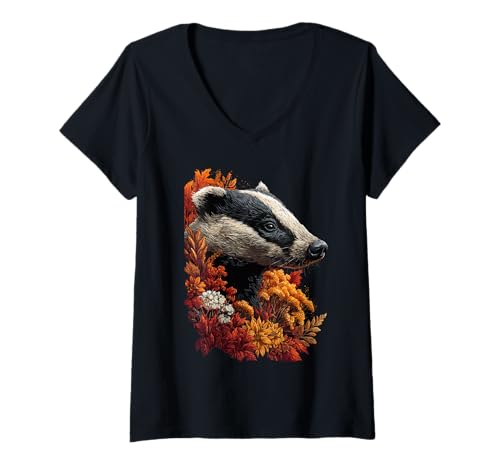 Damen Bunter Dachs Herbstlaub Herbstblumen Waldtier T-Shirt mit V-Ausschnitt Damen Bunter Dachs Herbstlaub Herbstblumen Waldtier T-Shirt mit V-Ausschnitt von Wildlife Animals Autumn Aesthetic Clothing