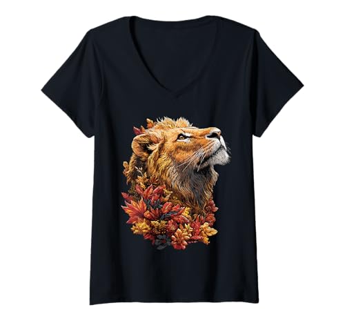 Damen Bunter Löwe mit Herbstlaub Herbstblumen Katzentier T-Shirt mit V-Ausschnitt Damen Bunter Löwe mit Herbstlaub Herbstblumen Katzentier T-Shirt mit V-Ausschnitt von Wildlife Animals Autumn Aesthetic Clothing