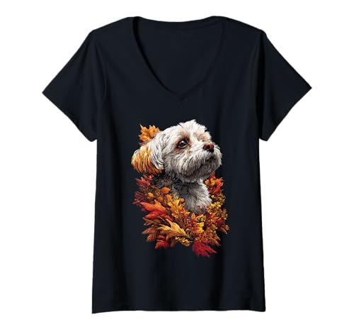 Damen Bunter Malteser Hund mit Herbstlaub Herbst ästhetisches Haustier T-Shirt mit V-Ausschnitt Damen Bunter Malteser Hund mit Herbstlaub Herbst ästhetisches Haustier T-Shirt mit V-Ausschnitt von Wildlife Animals Autumn Aesthetic Clothing