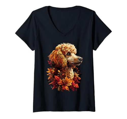 Damen Bunter Pudel mit Herbstlaub Herbst ästhetischer Hund T-Shirt mit V-Ausschnitt Damen Bunter Pudel mit Herbstlaub Herbst ästhetischer Hund T-Shirt mit V-Ausschnitt von Wildlife Animals Autumn Aesthetic Clothing