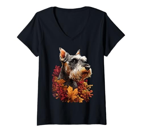 Damen Bunter Schnauzer mit Herbstlaub Herbst ästhetischer Hund T-Shirt mit V-Ausschnitt Damen Bunter Schnauzer mit Herbstlaub Herbst ästhetischer Hund T-Shirt mit V-Ausschnitt von Wildlife Animals Autumn Aesthetic Clothing