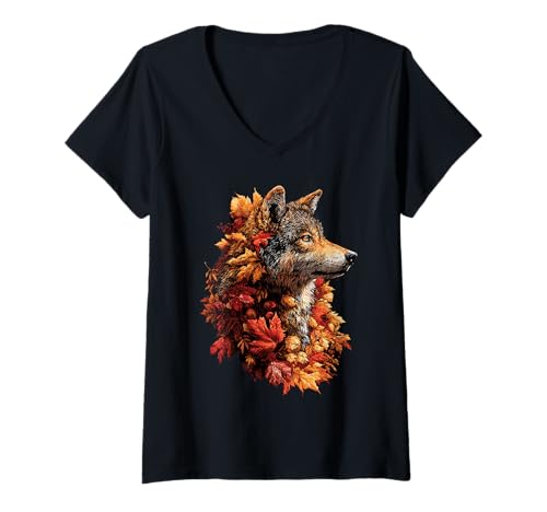 Damen Bunter Wolf mit Herbstlaub Herbstblumen Waldtier T-Shirt mit V-Ausschnitt Damen Bunter Wolf mit Herbstlaub Herbstblumen Waldtier T-Shirt mit V-Ausschnitt von Wildlife Animals Autumn Aesthetic Clothing