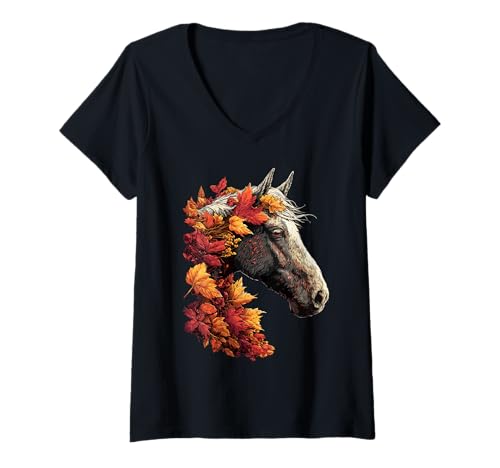 Damen Buntes Pferd mit Herbstlaub Herbstblumen Bauernhoftier T-Shirt mit V-Ausschnitt Damen Buntes Pferd mit Herbstlaub Herbstblumen Bauernhoftier T-Shirt mit V-Ausschnitt von Wildlife Animals Autumn Aesthetic Clothing