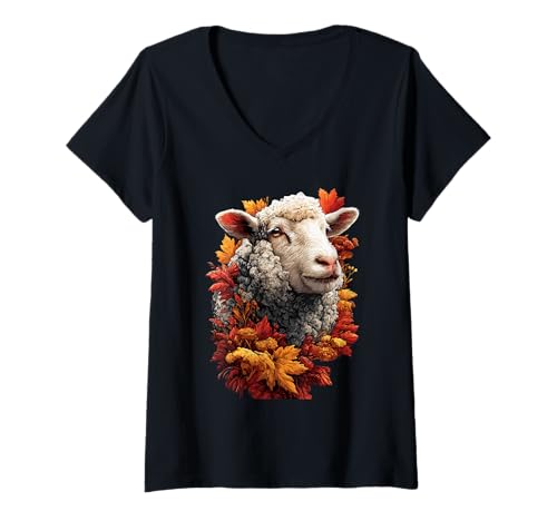 Damen Buntes Schaf mit Herbstlaub Herbstblumen Bauernhoftier T-Shirt mit V-Ausschnitt Damen Buntes Schaf mit Herbstlaub Herbstblumen Bauernhoftier T-Shirt mit V-Ausschnitt von Wildlife Animals Autumn Aesthetic Clothing
