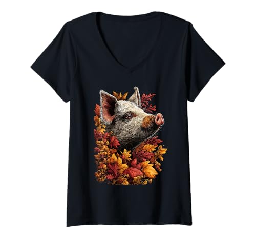 Damen Buntes Schwein mit Herbstlaub Herbstblumen Bauernhoftier T-Shirt mit V-Ausschnitt Damen Buntes Schwein mit Herbstlaub Herbstblumen Bauernhoftier T-Shirt mit V-Ausschnitt von Wildlife Animals Autumn Aesthetic Clothing