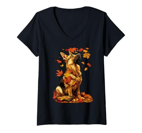 Damen Deutscher Schäferhund mit Herbstlaub Wald Herbst Ästhetischer Hund T-Shirt mit V-Ausschnitt Damen Deutscher Schäferhund mit Herbstlaub Wald Herbst Ästhetischer Hund T-Shirt mit V-Ausschnitt von Wildlife Animals Autumn Aesthetic Clothing