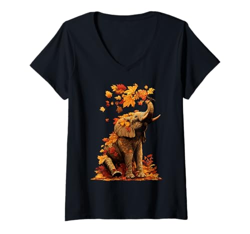 Damen Elefant mit Herbstblättern Buntes Tier Herbst Ästhetik T-Shirt mit V-Ausschnitt Damen Elefant mit Herbstblättern Buntes Tier Herbst Ästhetik T-Shirt mit V-Ausschnitt von Wildlife Animals Autumn Aesthetic Clothing