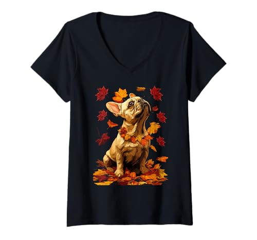 Damen Französische Bulldogge mit Herbstlaub Wald Herbst Ästhetischer Hund T-Shirt mit V-Ausschnitt Damen Französische Bulldogge mit Herbstlaub Wald Herbst Ästhetischer Hund T-Shirt mit V-Ausschnitt von Wildlife Animals Autumn Aesthetic Clothing