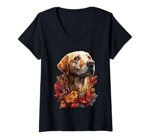 Damen Gelber Labrador Retriever mit Herbstlaub Herbst Ästhetik T-Shirt mit V-Ausschnitt Damen Gelber Labrador Retriever mit Herbstlaub Herbst Ästhetik T-Shirt mit V-Ausschnitt von Wildlife Animals Autumn Aesthetic Clothing