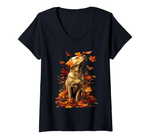 Damen Goldener Labrador mit Herbstlaub Wald Herbst ästhetischer Hund T-Shirt mit V-Ausschnitt Damen Goldener Labrador mit Herbstlaub Wald Herbst ästhetischer Hund T-Shirt mit V-Ausschnitt von Wildlife Animals Autumn Aesthetic Clothing