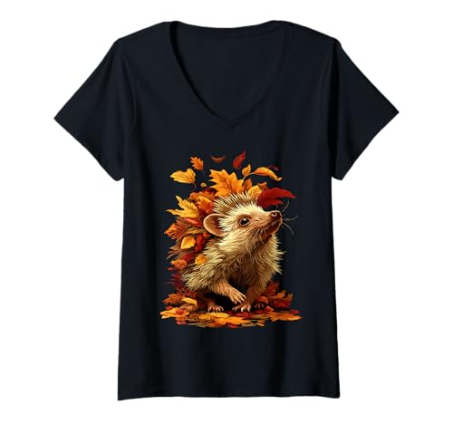 Damen Igel mit Herbstlaub Waldtier Herbst Ästhetik T-Shirt mit V-Ausschnitt Damen Igel mit Herbstlaub Waldtier Herbst Ästhetik T-Shirt mit V-Ausschnitt von Wildlife Animals Autumn Aesthetic Clothing