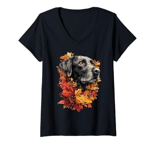 Damen Labrador Retriever mit Herbstlaub Blumen Herbst Ästhetik T-Shirt mit V-Ausschnitt Damen Labrador Retriever mit Herbstlaub Blumen Herbst Ästhetik T-Shirt mit V-Ausschnitt von Wildlife Animals Autumn Aesthetic Clothing