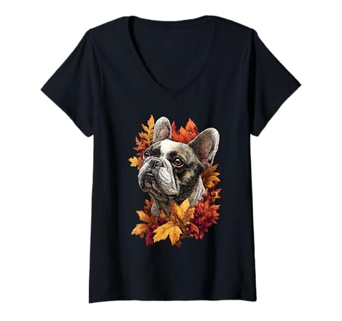 Damen Niedliche französische Bulldogge mit Herbstlaub Herbst ästhetischer Hund T-Shirt mit V-Ausschnitt Damen Niedliche französische Bulldogge mit Herbstlaub Herbst ästhetischer Hund T-Shirt mit V-Ausschnitt von Wildlife Animals Autumn Aesthetic Clothing