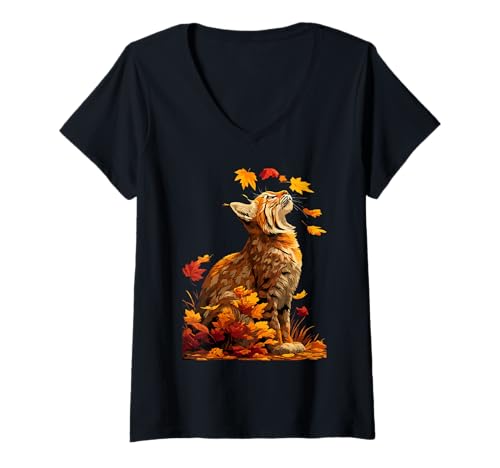 Damen Niedlicher Bobcat mit Herbstblättern Katzentier Herbst Ästhetik T-Shirt mit V-Ausschnitt Damen Niedlicher Bobcat mit Herbstblättern Katzentier Herbst Ästhetik T-Shirt mit V-Ausschnitt von Wildlife Animals Autumn Aesthetic Clothing