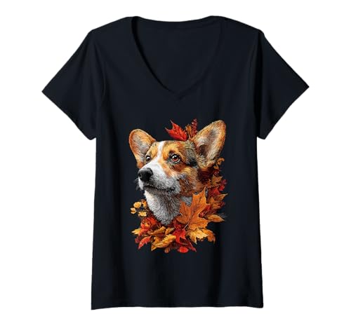 Damen Niedlicher Corgi mit Laub Herbstsaison Blätter Herbst Ästhetik T-Shirt mit V-Ausschnitt Damen Niedlicher Corgi mit Laub Herbstsaison Blätter Herbst Ästhetik T-Shirt mit V-Ausschnitt von Wildlife Animals Autumn Aesthetic Clothing
