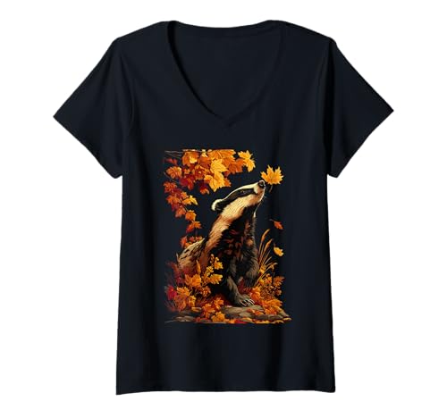 Damen Niedlicher Dachs mit Herbstlaub Waldtier Herbst Ästhetik T-Shirt mit V-Ausschnitt Damen Niedlicher Dachs mit Herbstlaub Waldtier Herbst Ästhetik T-Shirt mit V-Ausschnitt von Wildlife Animals Autumn Aesthetic Clothing