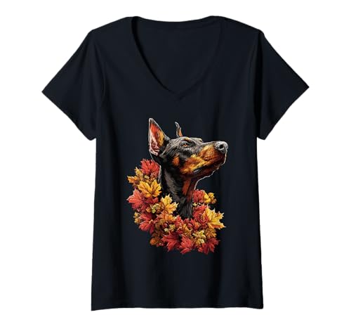 Damen Niedlicher Dobermann mit Herbstblättern Herbst ästhetische Hundegrafik T-Shirt mit V-Ausschnitt Damen Niedlicher Dobermann mit Herbstblättern Herbst ästhetische Hundegrafik T-Shirt mit V-Ausschnitt von Wildlife Animals Autumn Aesthetic Clothing