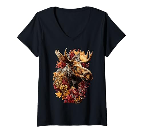 Damen Niedlicher Elch mit Herbstlaub Herbstblumen Waldtier T-Shirt mit V-Ausschnitt Damen Niedlicher Elch mit Herbstlaub Herbstblumen Waldtier T-Shirt mit V-Ausschnitt von Wildlife Animals Autumn Aesthetic Clothing