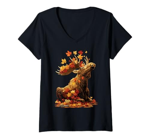 Damen Niedlicher Elch mit Herbstlaub Waldtier Herbst Ästhetik T-Shirt mit V-Ausschnitt Damen Niedlicher Elch mit Herbstlaub Waldtier Herbst Ästhetik T-Shirt mit V-Ausschnitt von Wildlife Animals Autumn Aesthetic Clothing