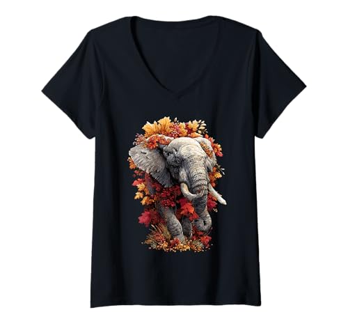 Damen Niedlicher Elefant mit Herbstblättern Blumen Herbst Ästhetik T-Shirt mit V-Ausschnitt Damen Niedlicher Elefant mit Herbstblättern Blumen Herbst Ästhetik T-Shirt mit V-Ausschnitt von Wildlife Animals Autumn Aesthetic Clothing