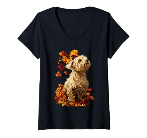 Damen Niedlicher Malteser mit Herbstlaub Wald Herbst ästhetischer Hund T-Shirt mit V-Ausschnitt Damen Niedlicher Malteser mit Herbstlaub Wald Herbst ästhetischer Hund T-Shirt mit V-Ausschnitt von Wildlife Animals Autumn Aesthetic Clothing