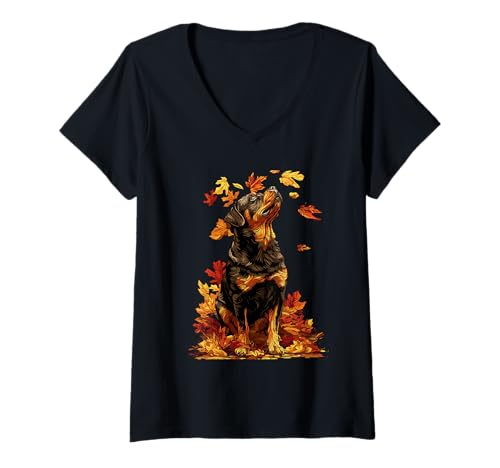 Damen Niedlicher Rottweiler mit Herbstlaub Wald Herbst Hund T-Shirt mit V-Ausschnitt Damen Niedlicher Rottweiler mit Herbstlaub Wald Herbst Hund T-Shirt mit V-Ausschnitt von Wildlife Animals Autumn Aesthetic Clothing