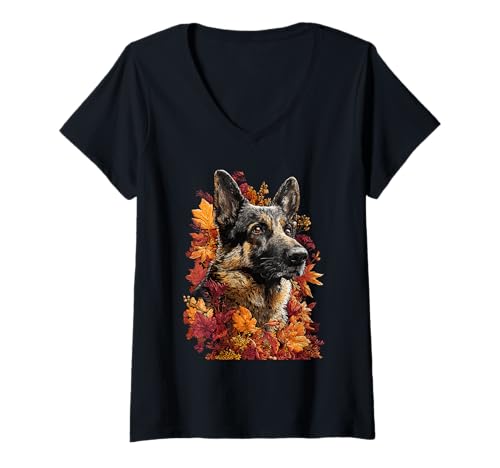 Damen Niedlicher Schäferhund mit Herbstlaub Herbst ästhetischer Hund T-Shirt mit V-Ausschnitt Damen Niedlicher Schäferhund mit Herbstlaub Herbst ästhetischer Hund T-Shirt mit V-Ausschnitt von Wildlife Animals Autumn Aesthetic Clothing