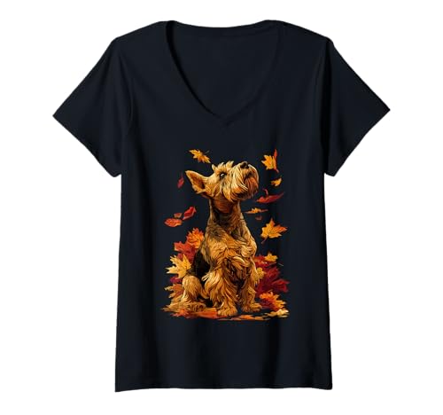 Damen Niedlicher Schnauzer mit Herbstlaub Wald Herbst Ästhetischer Hund T-Shirt mit V-Ausschnitt Damen Niedlicher Schnauzer mit Herbstlaub Wald Herbst Ästhetischer Hund T-Shirt mit V-Ausschnitt von Wildlife Animals Autumn Aesthetic Clothing