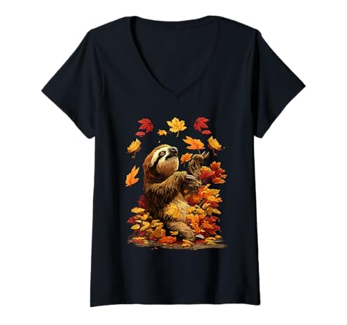 Damen Niedliches Faultier mit Herbstblättern Dschungeltier Herbst T-Shirt mit V-Ausschnitt Damen Niedliches Faultier mit Herbstblättern Dschungeltier Herbst T-Shirt mit V-Ausschnitt von Wildlife Animals Autumn Aesthetic Clothing
