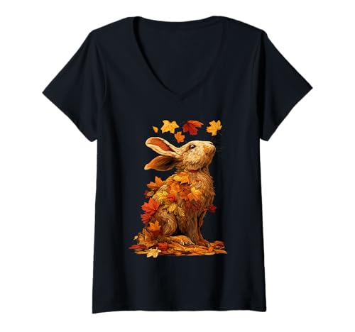 Damen Niedliches Kaninchen mit Herbstlaub Waldtier Herbst Ästhetik T-Shirt mit V-Ausschnitt Damen Niedliches Kaninchen mit Herbstlaub Waldtier Herbst Ästhetik T-Shirt mit V-Ausschnitt von Wildlife Animals Autumn Aesthetic Clothing