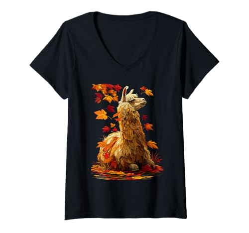 Damen Niedliches Lama mit Herbstblättern Bauernhoftier Herbst Ästhetik T-Shirt mit V-Ausschnitt Damen Niedliches Lama mit Herbstblättern Bauernhoftier Herbst Ästhetik T-Shirt mit V-Ausschnitt von Wildlife Animals Autumn Aesthetic Clothing