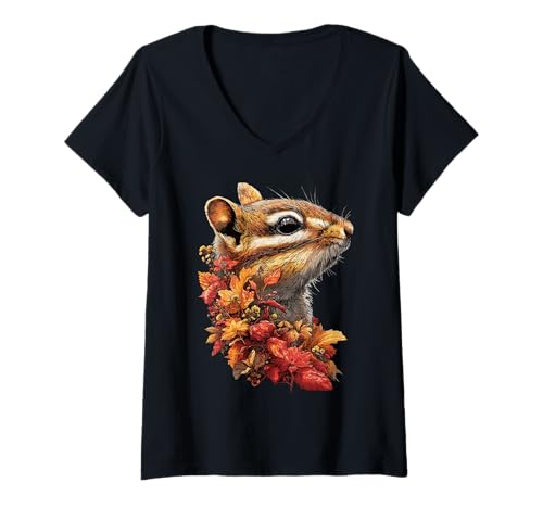 Damen Niedliches Streifenhörnchen mit Herbstlaub Herbstblumen Waldtier T-Shirt mit V-Ausschnitt Damen Niedliches Streifenhörnchen mit Herbstlaub Herbstblumen Waldtier T-Shirt mit V-Ausschnitt von Wildlife Animals Autumn Aesthetic Clothing