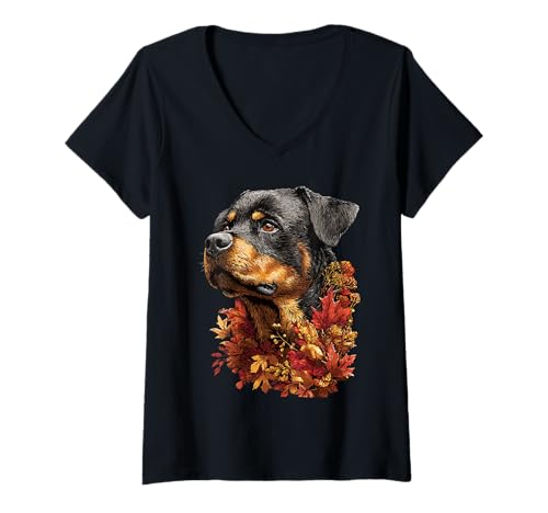 Damen Rottweiler mit Herbstlaub Laub Herbst ästhetischer Hund T-Shirt mit V-Ausschnitt Damen Rottweiler mit Herbstlaub Laub Herbst ästhetischer Hund T-Shirt mit V-Ausschnitt von Wildlife Animals Autumn Aesthetic Clothing
