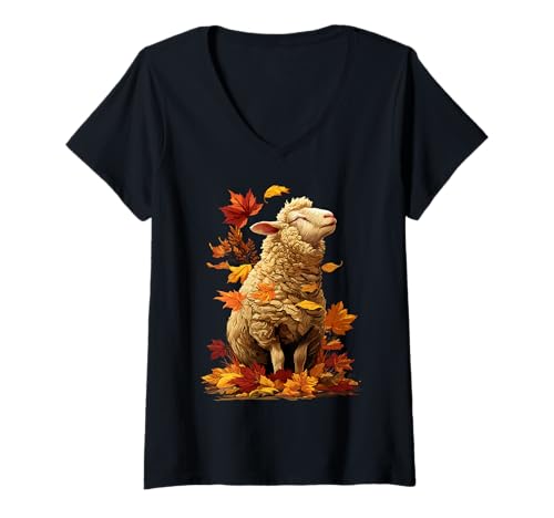 Damen Ruhiges Schaf mit Herbstlaub Bauernhoftier Herbst Ästhetik T-Shirt mit V-Ausschnitt Damen Ruhiges Schaf mit Herbstlaub Bauernhoftier Herbst Ästhetik T-Shirt mit V-Ausschnitt von Wildlife Animals Autumn Aesthetic Clothing