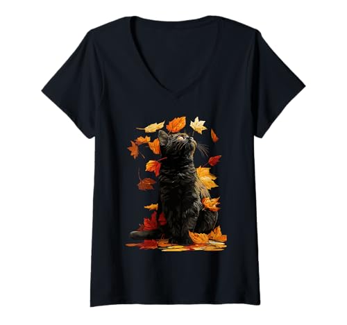 Damen Schwarze Katze mit Herbstblättern Katzentier Herbst Ästhetik T-Shirt mit V-Ausschnitt Damen Schwarze Katze mit Herbstblättern Katzentier Herbst Ästhetik T-Shirt mit V-Ausschnitt von Wildlife Animals Autumn Aesthetic Clothing