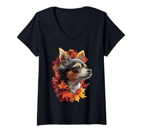 Damen Skurriler Chihuahua-Hund mit Herbstlaub Herbst Ästhetik T-Shirt mit V-Ausschnitt Damen Skurriler Chihuahua-Hund mit Herbstlaub Herbst Ästhetik T-Shirt mit V-Ausschnitt von Wildlife Animals Autumn Aesthetic Clothing
