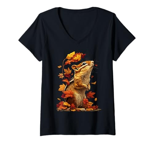 Damen Streifenhörnchen mit Herbstlaub Waldtier Herbst Ästhetik T-Shirt mit V-Ausschnitt Damen Streifenhörnchen mit Herbstlaub Waldtier Herbst Ästhetik T-Shirt mit V-Ausschnitt von Wildlife Animals Autumn Aesthetic Clothing