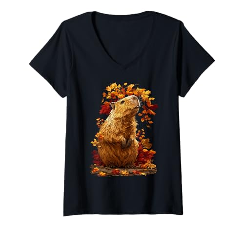 Damen Süße Capybara Herbst Blätter Wald Tier Herbst Ästhetik T-Shirt mit V-Ausschnitt Damen Süße Capybara Herbst Blätter Wald Tier Herbst Ästhetik T-Shirt mit V-Ausschnitt von Wildlife Animals Autumn Aesthetic Clothing