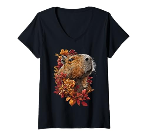 Damen Süße Capybara mit Herbstlaub Herbstblumen Waldtier T-Shirt mit V-Ausschnitt Damen Süße Capybara mit Herbstlaub Herbstblumen Waldtier T-Shirt mit V-Ausschnitt von Wildlife Animals Autumn Aesthetic Clothing