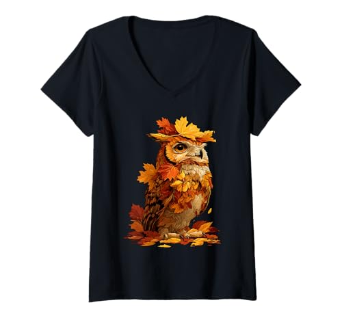 Damen Süße Eule mit Herbstlaub Waldtier Herbst Ästhetik T-Shirt mit V-Ausschnitt Damen Süße Eule mit Herbstlaub Waldtier Herbst Ästhetik T-Shirt mit V-Ausschnitt von Wildlife Animals Autumn Aesthetic Clothing