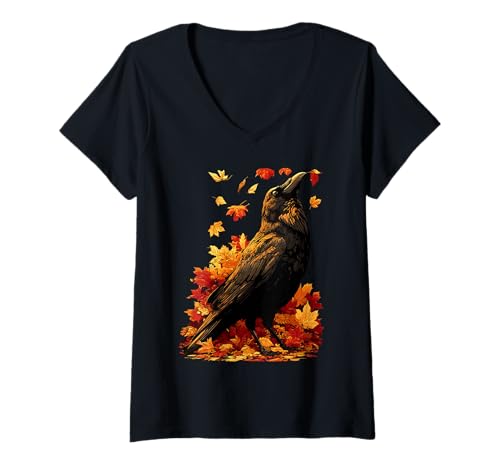 Damen Süße Krähe mit Herbstlaub Waldtier Herbst Ästhetik T-Shirt mit V-Ausschnitt Damen Süße Krähe mit Herbstlaub Waldtier Herbst Ästhetik T-Shirt mit V-Ausschnitt von Wildlife Animals Autumn Aesthetic Clothing