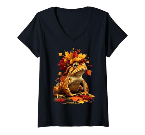 Damen Süße Kröte mit Herbstlaub Waldtier Herbst Ästhetik T-Shirt mit V-Ausschnitt Damen Süße Kröte mit Herbstlaub Waldtier Herbst Ästhetik T-Shirt mit V-Ausschnitt von Wildlife Animals Autumn Aesthetic Clothing
