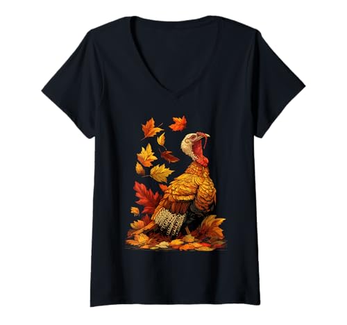 Damen Süße Truthahn mit Herbstlaub Waldtier Herbst Ästhetik T-Shirt mit V-Ausschnitt Damen Süße Truthahn mit Herbstlaub Waldtier Herbst Ästhetik T-Shirt mit V-Ausschnitt von Wildlife Animals Autumn Aesthetic Clothing