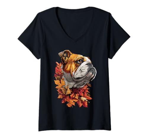 Damen Süße britische Bulldogge mit Herbstblättern, Herbstblumen-Grafik T-Shirt mit V-Ausschnitt Damen Süße britische Bulldogge mit Herbstblättern, Herbstblumen-Grafik T-Shirt mit V-Ausschnitt von Wildlife Animals Autumn Aesthetic Clothing