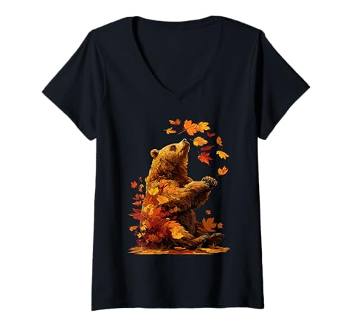Damen Süßer Bär mit Herbstlaub Waldtier Herbst Ästhetik T-Shirt mit V-Ausschnitt Damen Süßer Bär mit Herbstlaub Waldtier Herbst Ästhetik T-Shirt mit V-Ausschnitt von Wildlife Animals Autumn Aesthetic Clothing