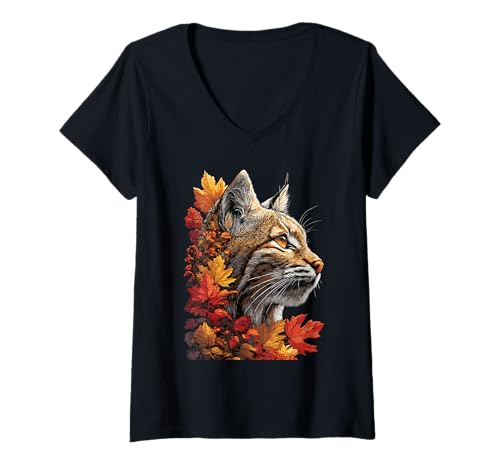 Damen Süßer Bobcat mit Herbstlaub Herbstblumen Waldtier T-Shirt mit V-Ausschnitt Damen Süßer Bobcat mit Herbstlaub Herbstblumen Waldtier T-Shirt mit V-Ausschnitt von Wildlife Animals Autumn Aesthetic Clothing