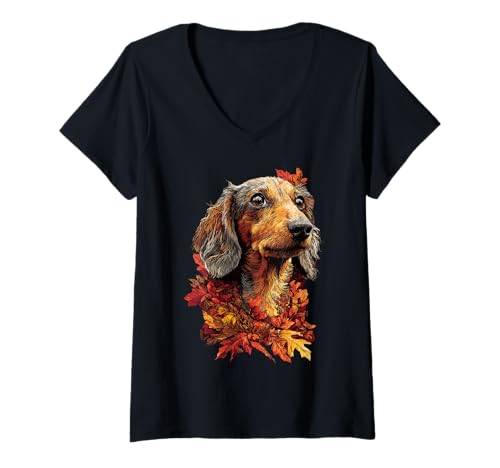 Damen Süßer Dackel mit Herbstlaub Herbstblumen Wursthund T-Shirt mit V-Ausschnitt Damen Süßer Dackel mit Herbstlaub Herbstblumen Wursthund T-Shirt mit V-Ausschnitt von Wildlife Animals Autumn Aesthetic Clothing