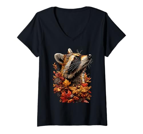 Damen Süßer Waschbär mit Herbstlaub Herbstblumen Waldtier T-Shirt mit V-Ausschnitt Damen Süßer Waschbär mit Herbstlaub Herbstblumen Waldtier T-Shirt mit V-Ausschnitt von Wildlife Animals Autumn Aesthetic Clothing