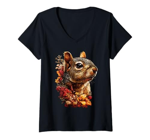 Damen Süßes Eichhörnchen mit Herbstlaub Herbstblumen Waldtier T-Shirt mit V-Ausschnitt Damen Süßes Eichhörnchen mit Herbstlaub Herbstblumen Waldtier T-Shirt mit V-Ausschnitt von Wildlife Animals Autumn Aesthetic Clothing